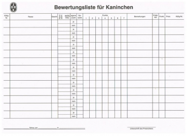 Bewertungslisten Einzeltiere + Angora 10 Stück