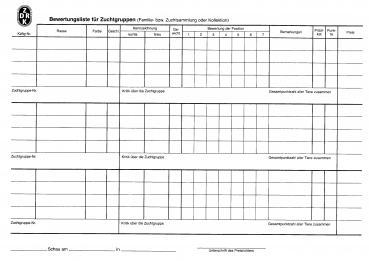 Bewertungslisten Zuchtgruppen 10 Stück