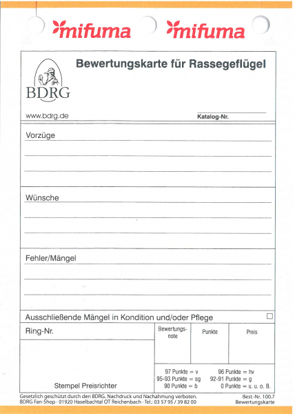 Bewertungskarten Block Geflügel neu