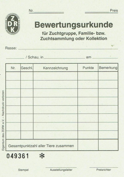 Bewertungsurkunden Zuchtgruppe 100 Stück